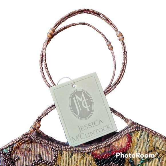 Jessica McClintock bag beaded tapestry evening bag with hoop handles - Picture 3 of 5